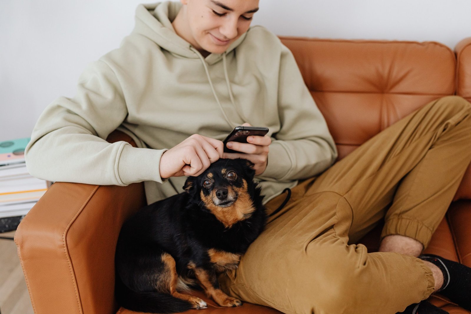 Dueña consultando el móvil junto a su perro en el sofá